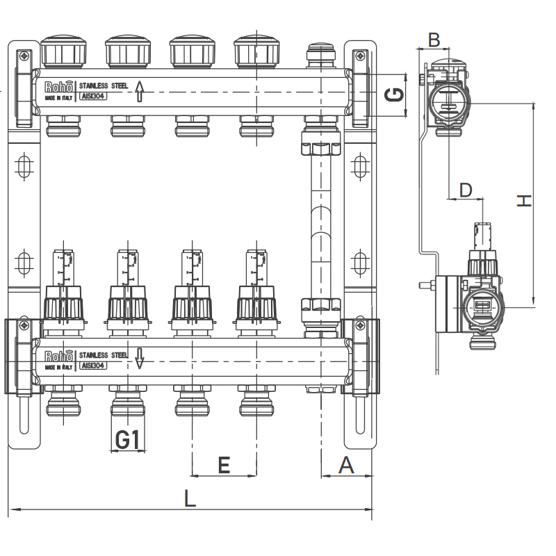 Колектор з витратомірами та термостатичними клапанами з байпасом Roho R814-04 - 1"х 4 вих. (RO0047) - 3